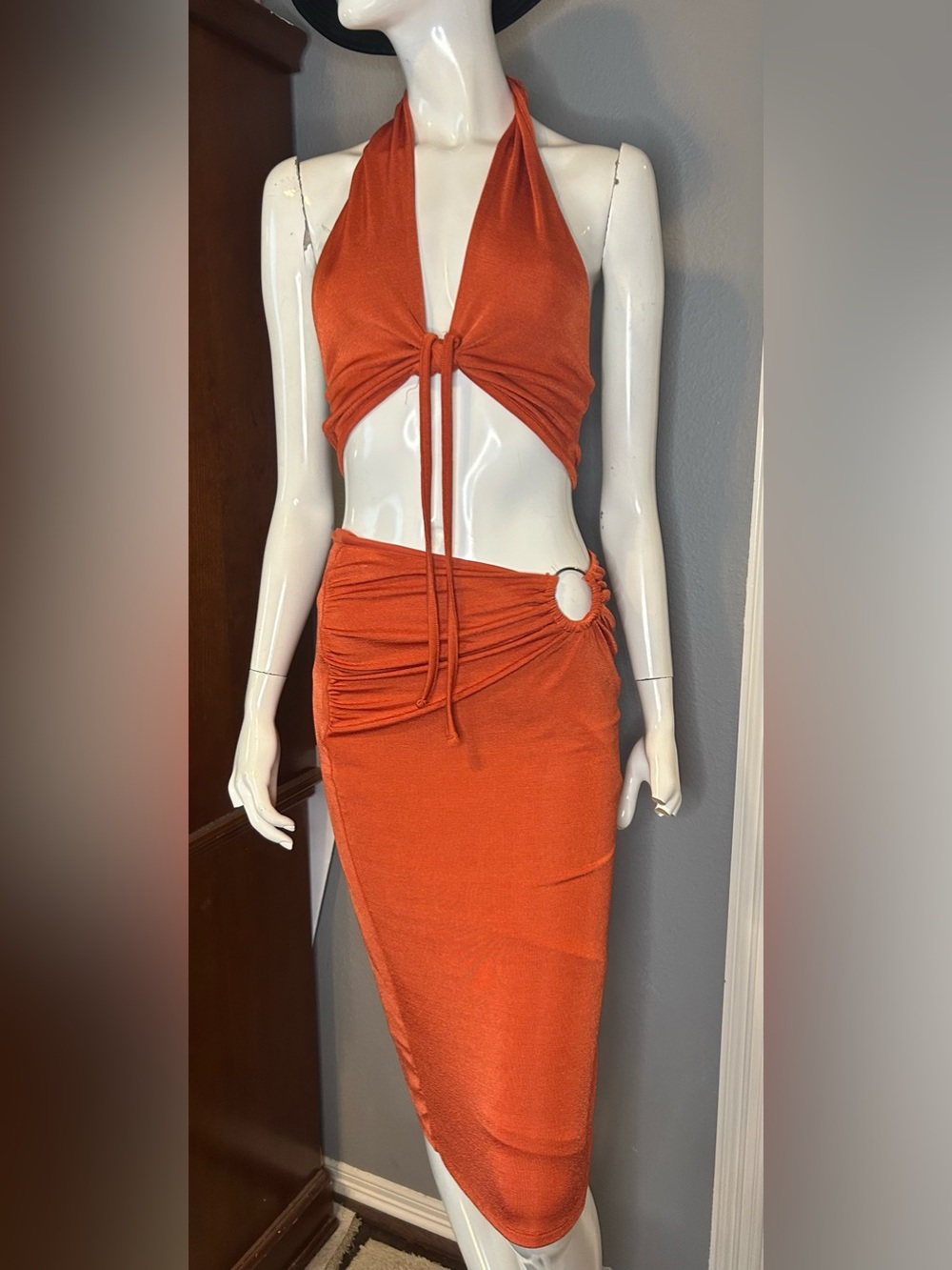 Orange Ring-Detail Two-Piece Dress Set